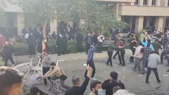 Students protesting at the University of Kurdistan in Sanandaj, Iran, part of mass protests sweeping the country after the death of a young woman in custody. Photo / Supplied