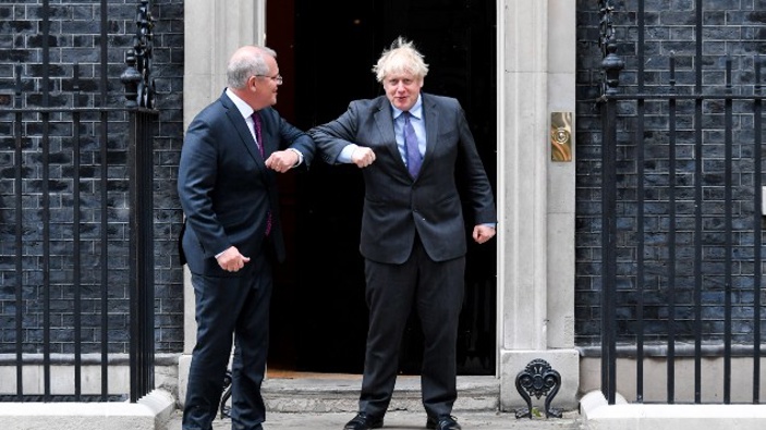 Britain's Prime Minister Boris Johnson and Australia's Prime Minister Scott Morrison at 10 Downing Street. (Photo / AP)