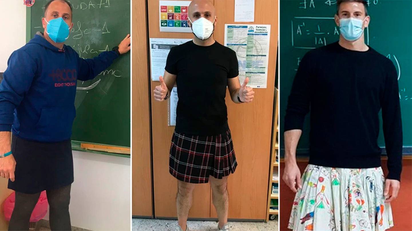 Teachers Manuel Ortega, Borja Velúquez and Jose Piñas (left to right) sporting skirts in their classrooms. (Photo / Twitter)