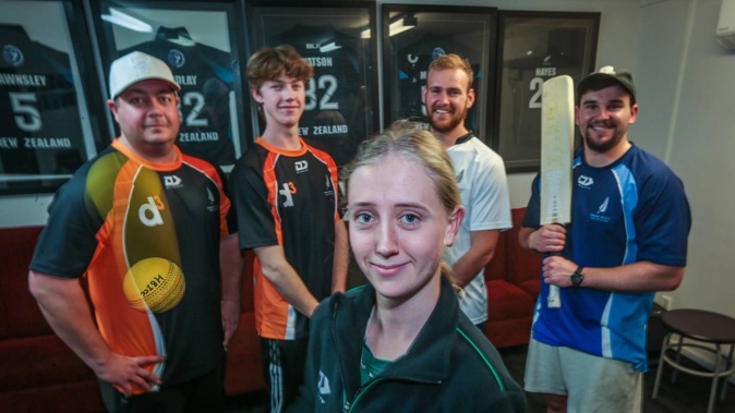 Front Aniela Apperley, back from left, Jesse Ryder, Toby Findlay, Dion Joll and Todd Watson were all selected to represent NZ at the indoor cricket world cup. Photo / Paul Taylor