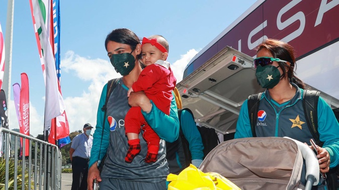 Bismah Maroof of Pakistan arrives with her baby during the 2022 ICC Women's Cricket World Cup match between Pakistan and India. (Photo / Getty)