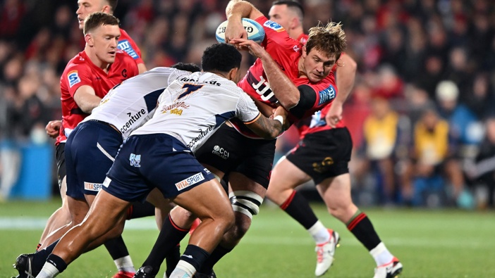 Ethan Blackadder of the Crusaders charges forward during the round 15 Super Rugby Pacific match between the Crusaders and Moana Pasifika at Apollo Projects Stadium, on May 31, 2024, in Christchurch, New Zealand.(Photo by Kai Schwoerer/Getty Images)