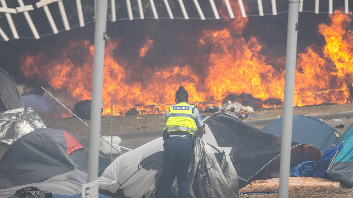 Fire breaks out at Parliament grounds as police moved in to break up the protest on March 2. (Photo / Herald)