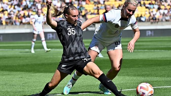 Grace Neville of the New Zealand Football Ferns and Lindsey Horan of the USA compete for the ball during the women’s international football friendly. Photosport