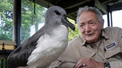 Robert Webb with a juvenile grey-headed mollymawk. Photo / Tania Whyte