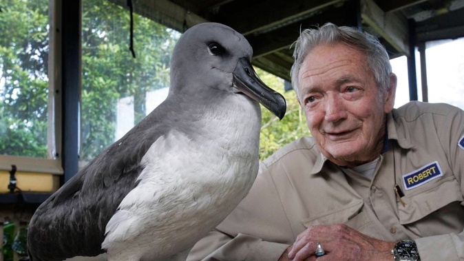 Robert Webb with a juvenile grey-headed mollymawk. Photo / Tania Whyte