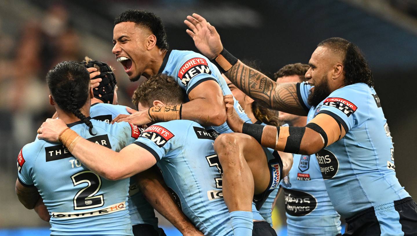 NSW Blues celebrate after Matt Burton scores a try. Photo / Photosport