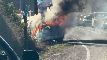 Watch: Pair has lucky escape after car crashes into power pole and catches fire