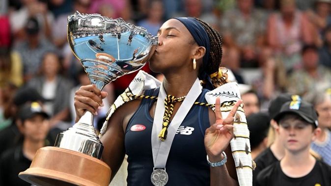 Coco Gauff, of the US, celebrates winning the singles final match against Ukraine's Elina Svitolina during the 2024 Women's ASB Classic. Photo / Getty Images