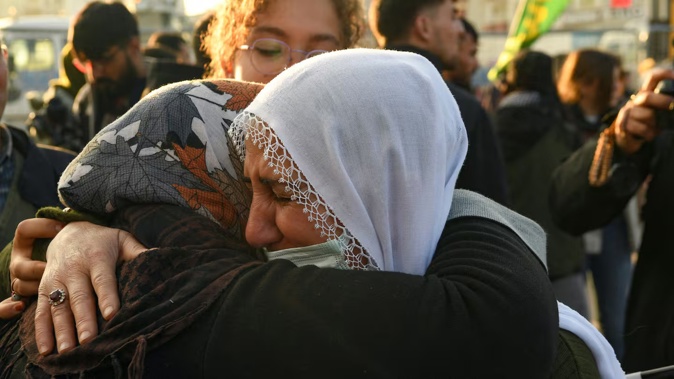 Supporters react after jailed Kurdistan Workers' Party (PKK) leader Abdullah Ocalan, 75, called on the PKK to disarm and dissolve itself in Diyarbakir, southeastern Turkey. Photo / AFP