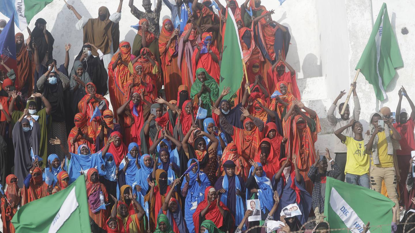 Residents and officials lead a demonstration supporting the government at Banadir Stadium, Mogadishu on Thursday, January 12, 2023. The government rally encouraged an uprising against the al-Shabab group amid a month-long military offensive. Photo / AP