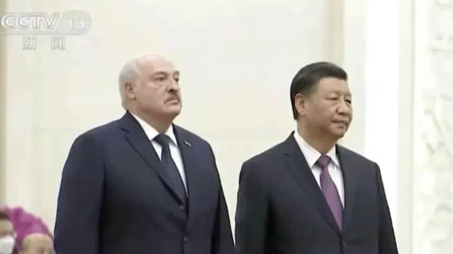Belarusian President Alexander Lukashenko (left) and Chinese President Xi Jinping attend a welcome ceremony held at the Great Hall of the People, in Beijing. Photo / AP
