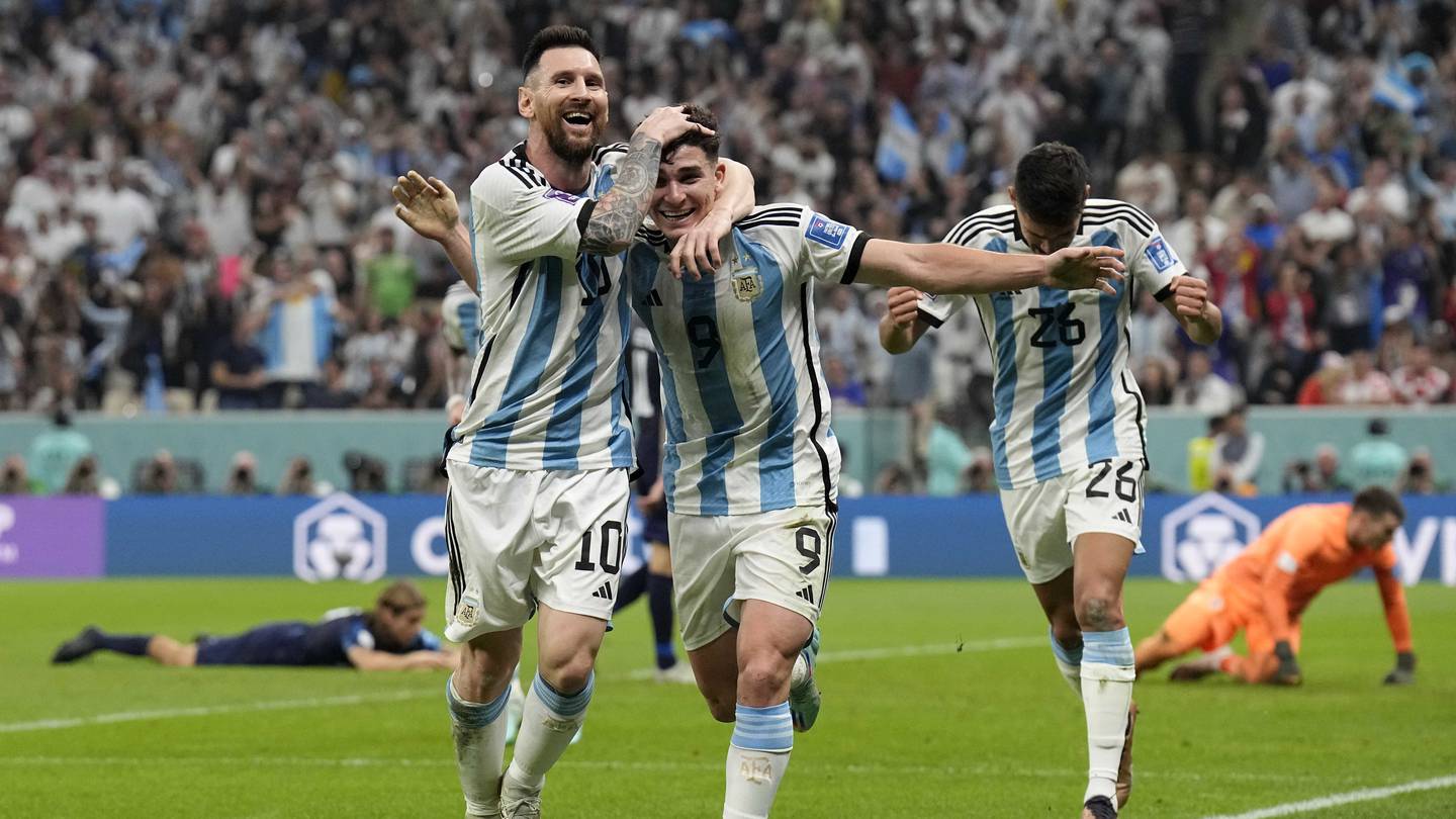 Argentina's Lionel Messi, left, and Argentina's Julian Alvarez celebrate after scoring during the World Cup semifinal against Croatia. Photo / AP