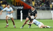 Codie Taylor of New Zealand is tackled during the International Test match between New Zealand All Blacks and Argentina at Sky Stadium on August 10, 2024 in Wellington, New Zealand. (Photo by Hagen Hopkins/Getty Images)