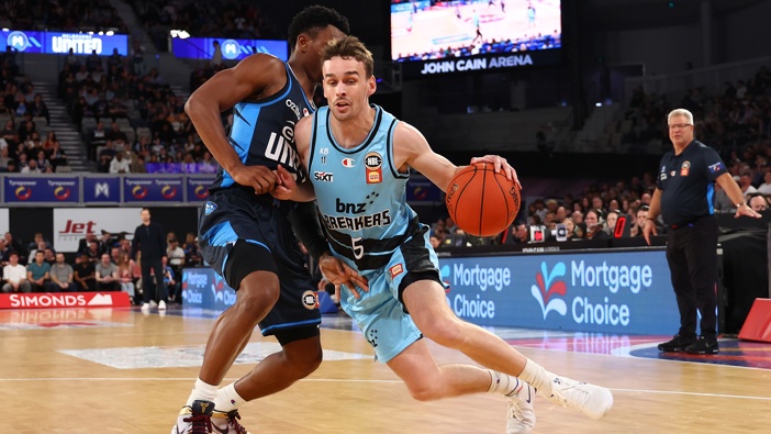 Taylor Britt of the Breakers drives at the basket during the round one NBL match between Melbourne United and New Zealand Breakers at John Cain Arena on September 21, 2025 in Melbourne, Australia. (Photo by Graham Denholm/Getty Images)