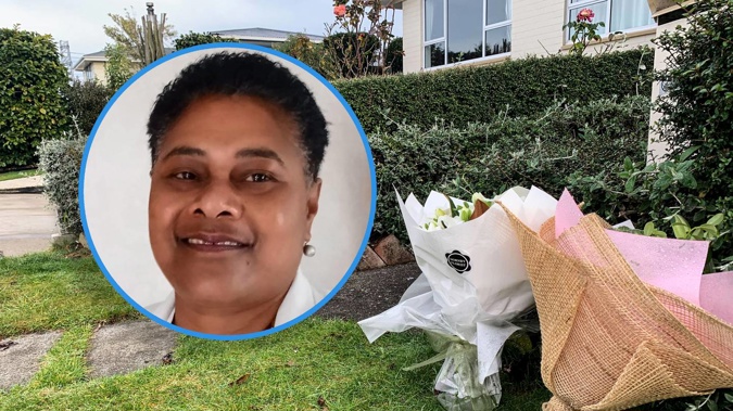 Laisa Maraia Waka murder victim (inset) and floral tribute at the scene in Sockburn. (Photo / NZ Herald)