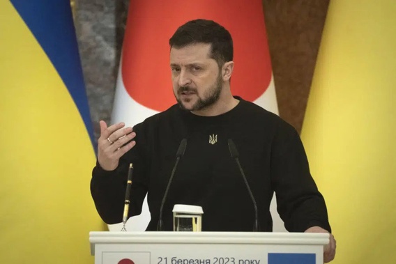 Ukrainian President Volodymyr Zelenskyy talks during a joint press conference with Japanese Prime Minister Fumio Kishida in Kyiv, Ukraine, Tuesday, March 21, 2023. (AP Photo/Efrem Lukatsky)