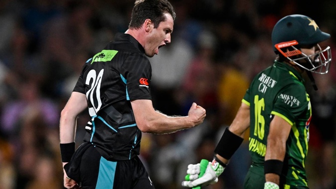Adam Milne Celebrates The Wicket Of Mohammad Rizwan In Hamilton / photosport