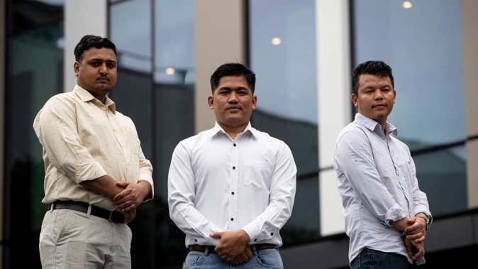Nepalese nationals Bipul Pokharel, Ghanashyan Gurung and Sujit Gaha claim they are victims of a visa scam and exploitation. Photo / Dean Purcell