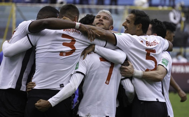 Anthony Contreras of Costa Rica celebrates with teammates after scoring during World Cup qualifying. Photo / Getty