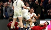 England's number 8 Ben Earl celebrates scoring the team's third try during the Six Nations international rugby union match between England and Wales. Photo / AFP