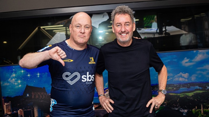 Prime Minister Christopher Luxon reps the Highlanders during his interview with Mike Hosking. Photo / Jason Doorday