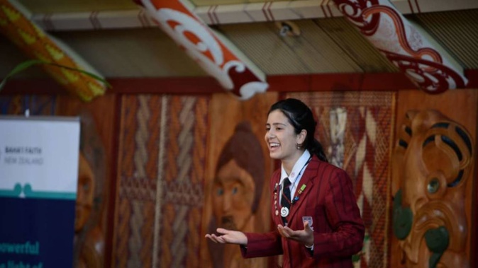 Gargi Vaidya delivering her race unity speech in Auckland. Photo / Ben Parkinson