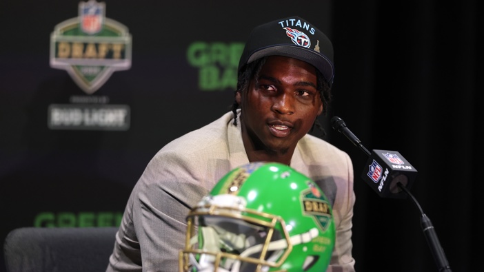 Quarterback Cam Ward of Miami speaks with media after being selected first overall pick by the Tennessee Titans during the first round of the 2025 NFL Draft at Lambeau Field on April 24, 2025 in Green Bay, Wisconsin. (Photo by Michael Reaves/Getty Images)