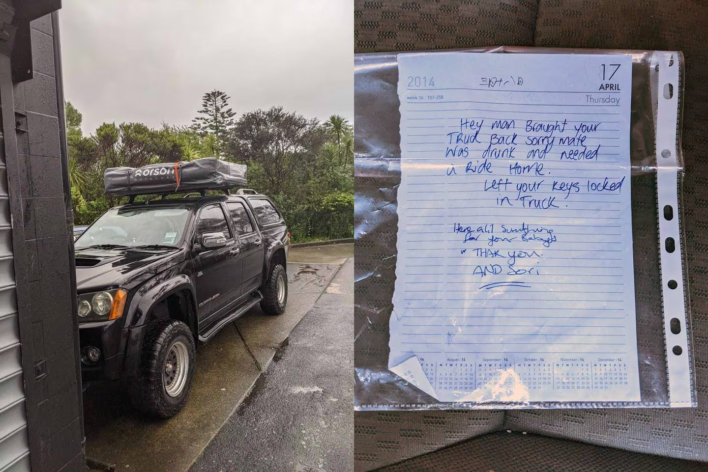 Varun Chada's van was parked exactly where he left it with an apology note. Photo / Supplied