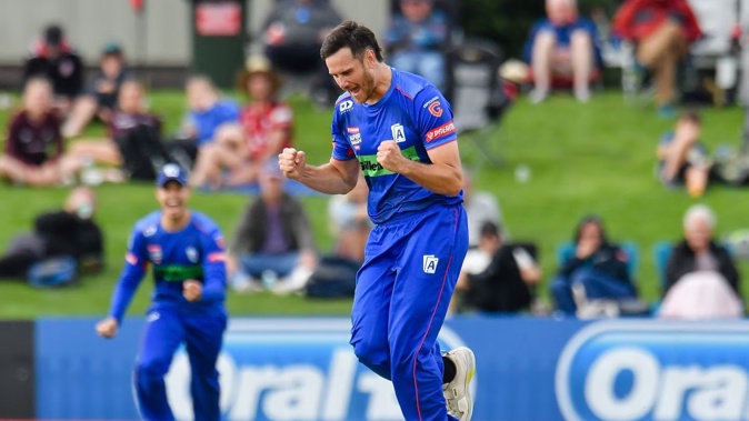 Ben Lister celebrates the wicket of Henry Shipley during the Super Smash. Photo / photosport.nz