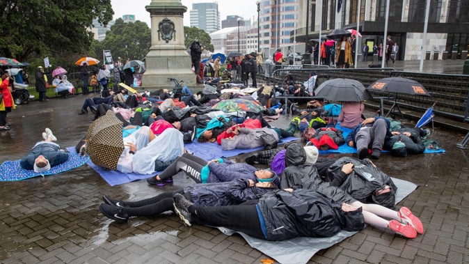 Lie Down For Life protesters, calling for increased funding and a review of Pharmac. (Photo / Mark Mitchell)