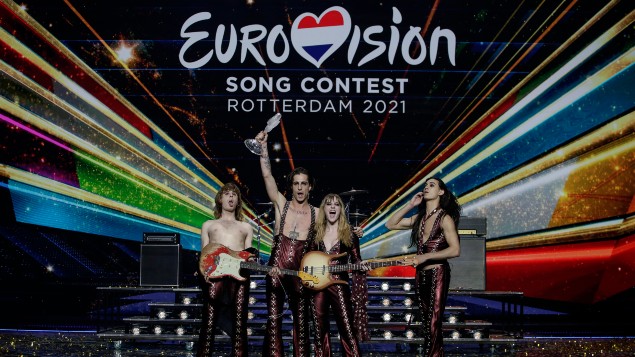 Maneskin from Italy celebrate with the trophy after winning the Grand Final of the Eurovision Song Contest. (Photo / AP)