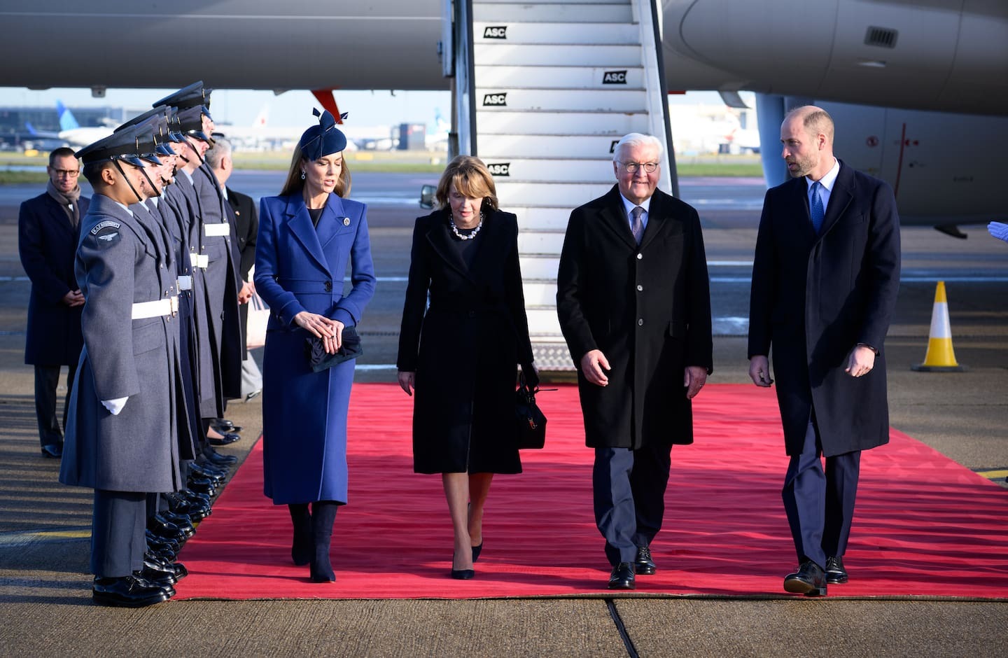 German President Frank-Walter Steinmeier and his wife, Elke Budenbender, are welcomed at London Heathrow Airport by Prince William and Princess Kate. Photo / Getty Images
