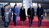 German President Frank-Walter Steinmeier and his wife, Elke Budenbender, are welcomed at London Heathrow Airport by Prince William and Princess Kate. Photo / Getty Images