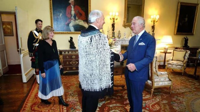 NZ's High Commissioner to the UK, Phil Goff and wife Mary, meeting King Charles at Buckingham Palace. Photo / Supplied