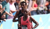 Sabastian Sawe of Team Kenya leads Yomif Kejelcha of Team Ethiopia during the Men's 2026 TCS London Marathon on April 26, 2026 in London, England. (Photo by Warren Little/Getty Images)