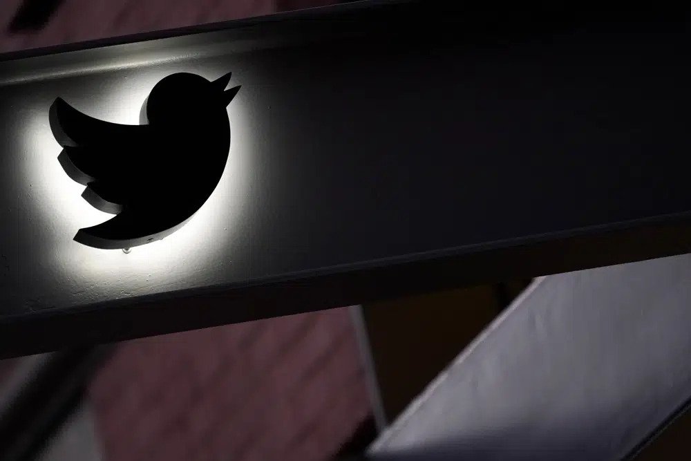 The Twitter logo is seen on the awning of the building that houses the Twitter office in New York, Wednesday, Oct. 26, 2022. Twitter has dropped out of a voluntary European Union agreement to combat online disinformation, a top EU official said Friday, May 26, 2023. (AP Photo/Mary Altaffer, File)