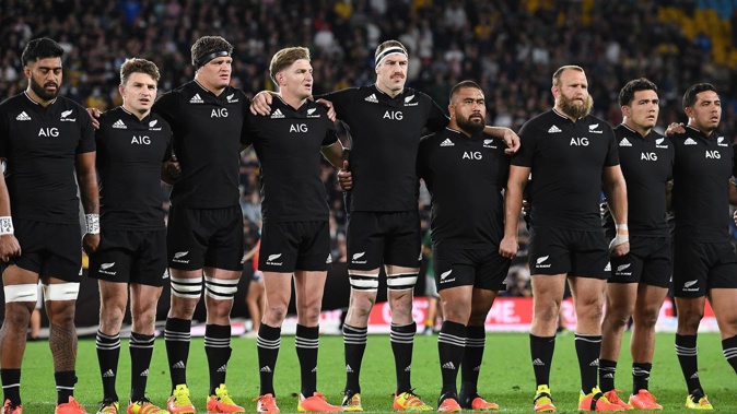 The All Blacks during the national anthem. Photo / Photosport