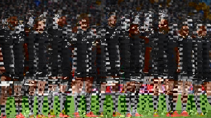 The All Blacks during the national anthem. Photo / Photosport