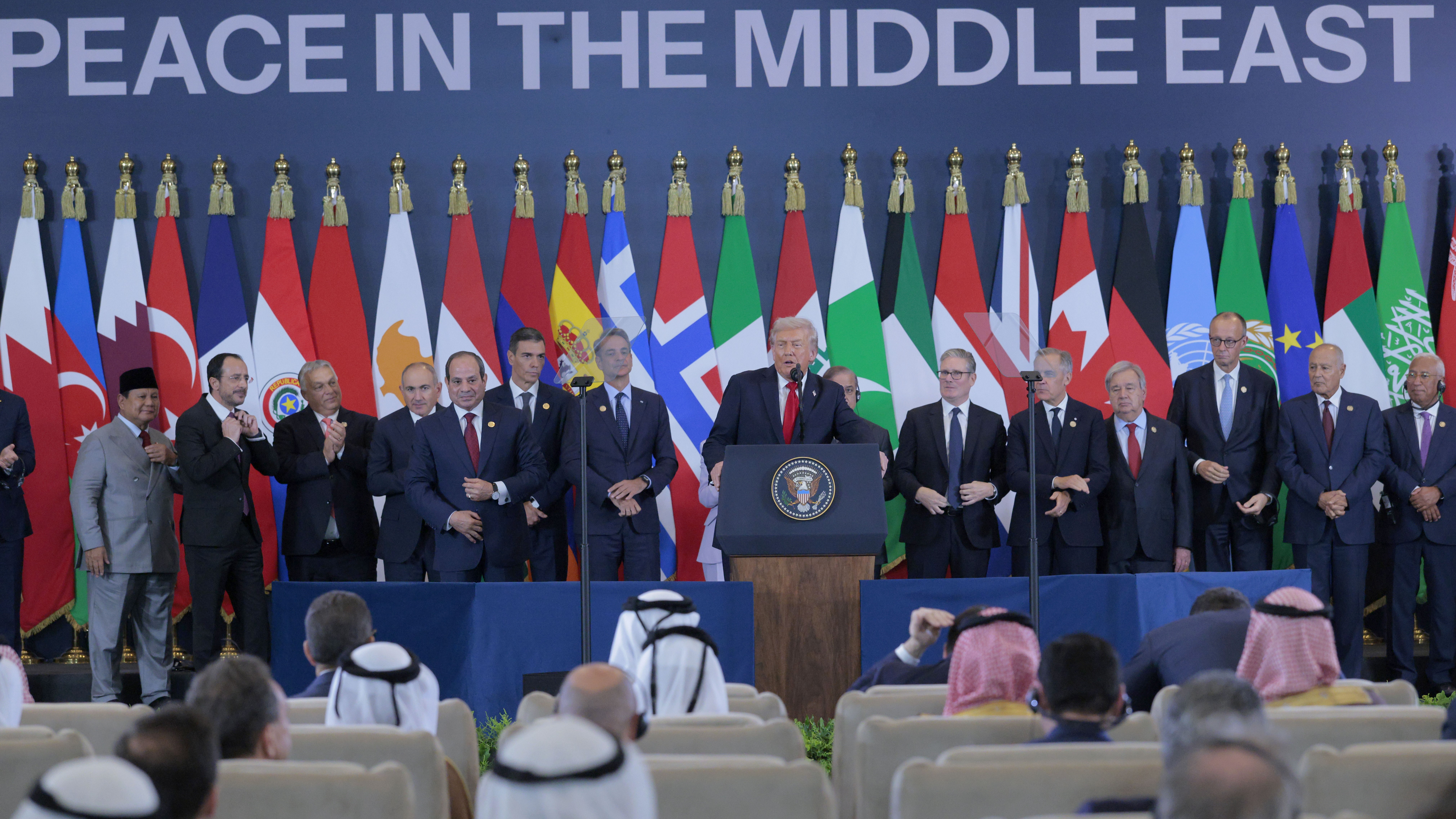 U.S. President Donald Trump speaks while World leaders listen during a summit of European and Middle Eastern leaders on Gaza on October 13, 2025 in Sharm El-Sheikh, Egypt. President Trump is in Egypt to meet with European and Middle Eastern leaders in what’s being billed as an international peace summit, following the start of a US-brokered ceasefire deal to end the war in the Gaza Strip. (Photo by Chip Somodevilla/Getty Images)