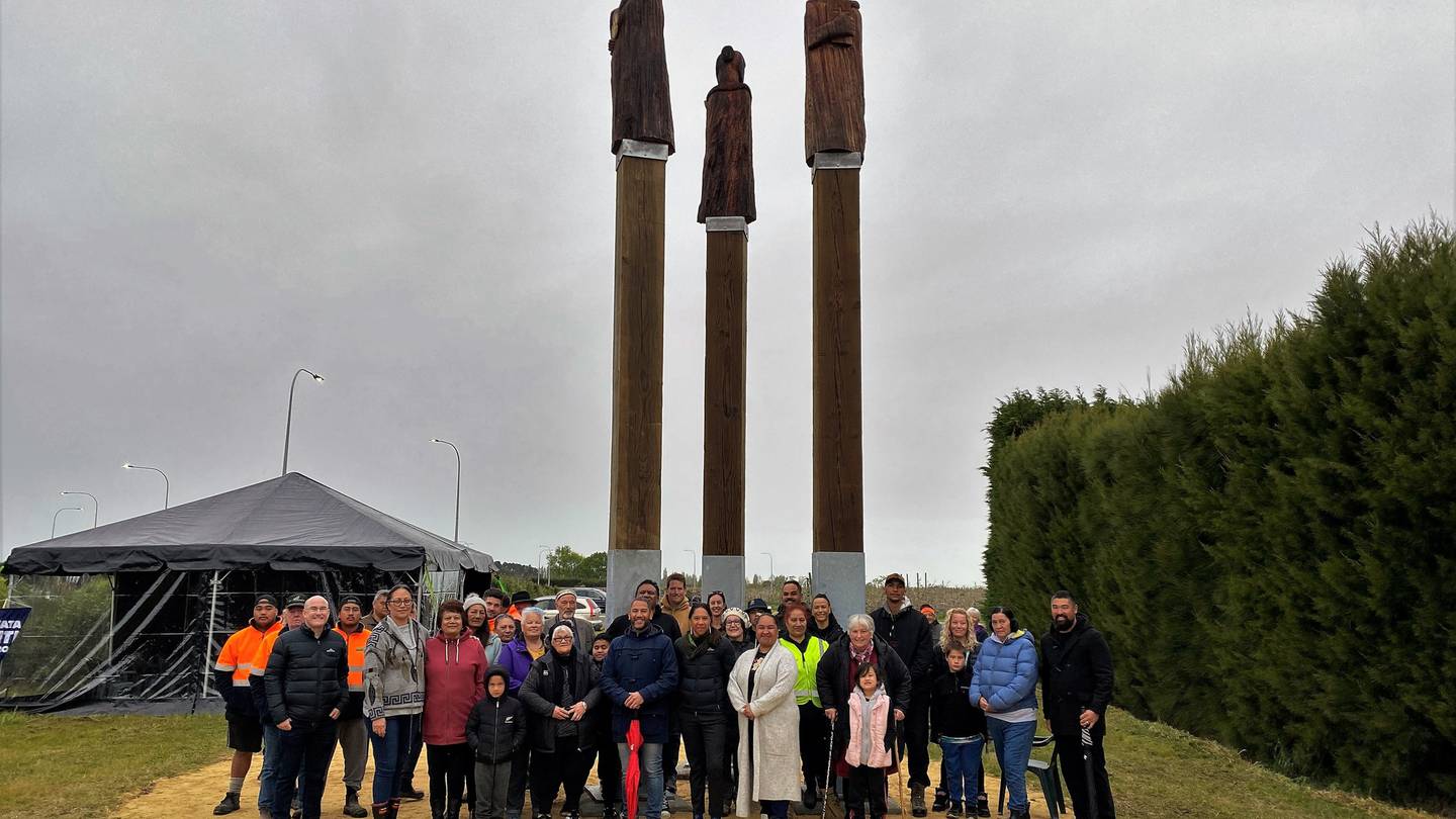 Mana whenua together with contractors, project neighbours and Waka Kotahi staff at the unveiling and blessing on Wednesday. Photo / Waka Kotahi
