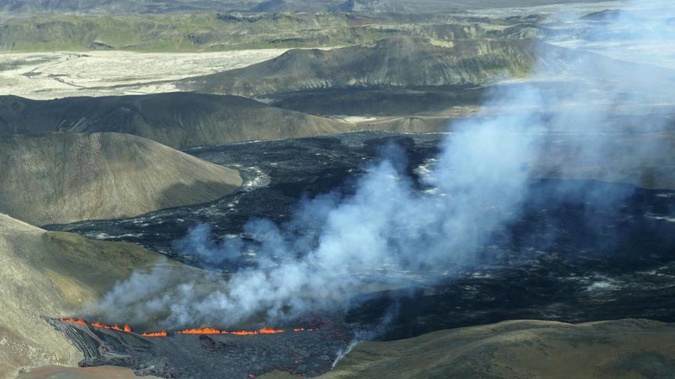An aerial shot of activity from the Fagradalsfjall volcano in Iceland on Wednesday, August 3, 2022, which is located 32km southwest of the capital of Reykjavik. Photo / AP