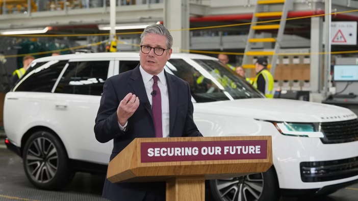 UK Prime Minister Kier Starmer at a Jaguar Land Rover factory in Birmingham on April, announcing the £2.5 billion “Drive35″ programme to assist a transition to electric cars by 2035 and boost local manufacturing. Auckland firm Mint Innovation and its peers have secured £8.1 million for EV battery recycling under the scheme. Photo / Getty Images