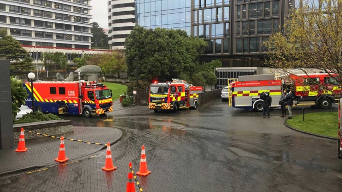 Fire crews are assessing a suspicious package at Parliament. (Photo / Michael Neilson)