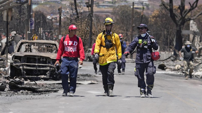 Members of a search and rescue team survey the heavy damage caused by the wildfire. Photo / AP