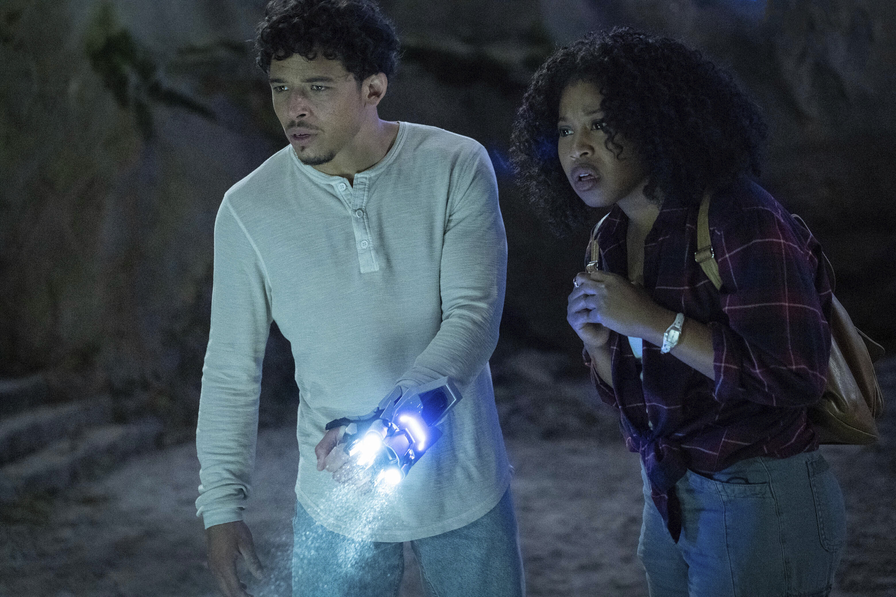 This image released by Paramount Pictures shows Anthony Ramos, left, and Dominique Fishback in a scene from "Transformers: Rise of the Beasts."