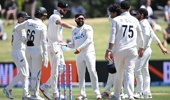 Ajaz Patel celebrates his maiden wicket on New Zealand soil, against the West Indies at Bay Oval. Photo / Photosport