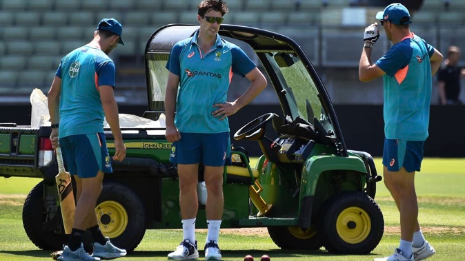 Australia captain Pat Cummins, middle, during net practice prior to the first Ashes test at Edgbaston. Photo / AP