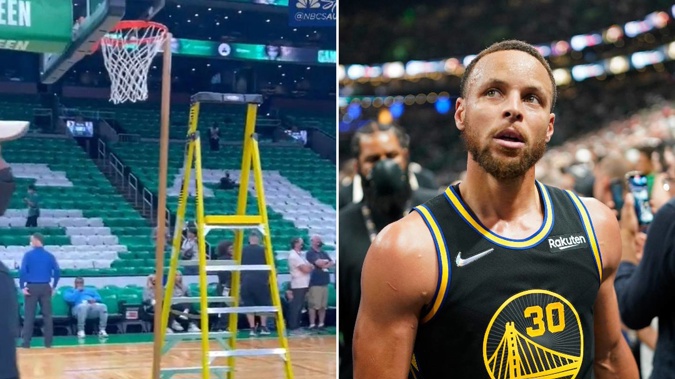The height of the basket is measured by a 10-foot pole ahead of Game 1 of the NBA Finals - shooting stars like Steph Curry could be affected if it's not accurately set up. Photos / Twitter, Getty