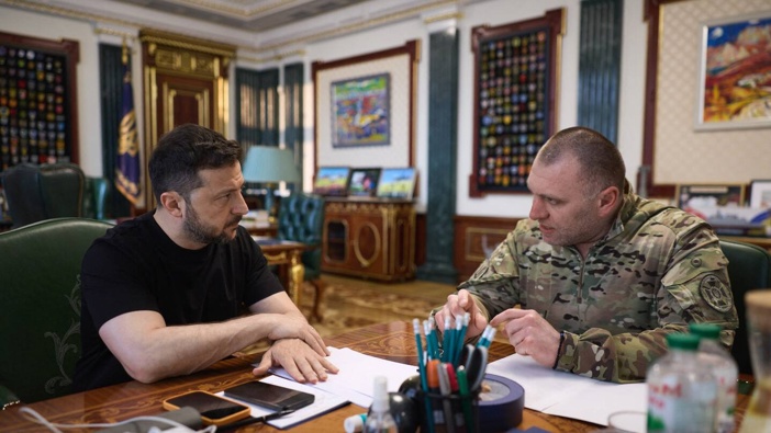 Ukrainian President Volodymyr Zelensky meeting with the head of Ukraine's Security Service Vasyl Malyuk in Kyiv, amid the Russian invasion of Ukraine. Photo / AFP